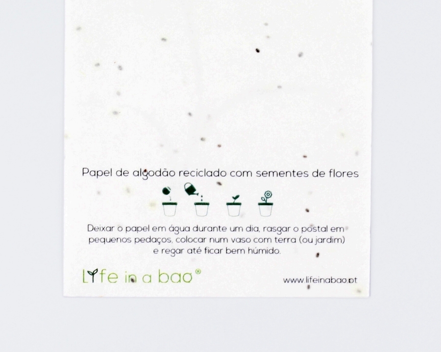Verso do postal com sementes - boa sorte