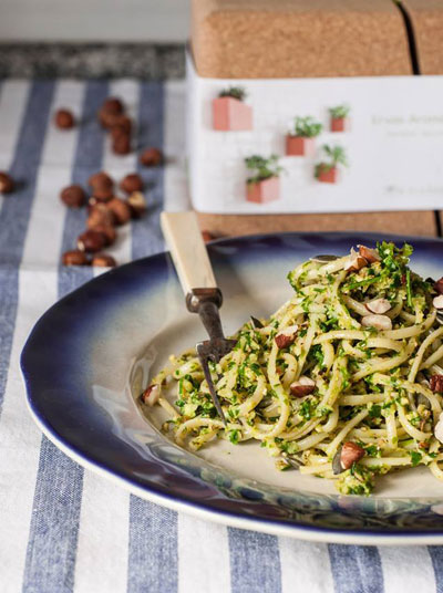 Linguini with Pesto of Coriander and Hazelnuts